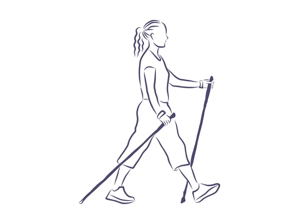 Caminata Nórdica Deporte Figuras Personas Caminando Con Palos — Vector de stock