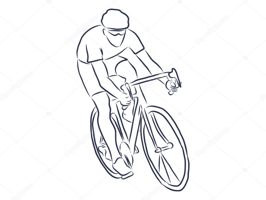 Bicyclist rider man with bike isolated on background, vector illustration, sketch