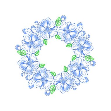 Gravür Çiçekli Kart. Çiçek çelengi. Yaz logosu ve etiket tasarımları için çiçek çerçevesi. Naneli Arkaplan.