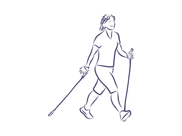 Nordic Walking Oder Skandinavisches Gehen Sichere Fitness Schwarz Isolierte Kontur — Stockvektor