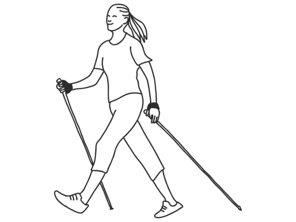 Nordic Walking Oder Skandinavisches Gehen Sichere Fitness Schwarz Isolierte Kontur — Stockvektor