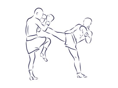 Boks şampiyonu ayakta ve basit bir çekilişle savaşmaya hazır. Kutu bir dövüş sporu illüstrasyonudur. Erkek boksör eğitim taslağı harf metniyle çizilmiş. Avcı silueti elle çizilmiş vektör. Kişi çizimi