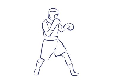 Boks şampiyonu ayakta ve basit bir çekilişle savaşmaya hazır. Kutu bir dövüş sporu illüstrasyonudur. Erkek boksör eğitim taslağı harf metniyle çizilmiş. Avcı silueti elle çizilmiş vektör. Kişi çizimi