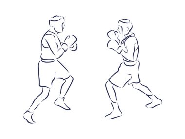 Boks şampiyonu ayakta ve basit bir çekilişle savaşmaya hazır. Kutu bir dövüş sporu illüstrasyonudur. Erkek boksör eğitim taslağı harf metniyle çizilmiş. Avcı silueti elle çizilmiş vektör. Kişi çizimi