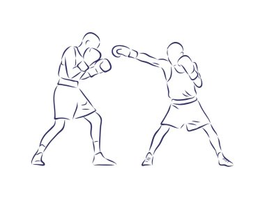 Boks şampiyonu ayakta ve basit bir çekilişle savaşmaya hazır. Kutu bir dövüş sporu illüstrasyonudur. Erkek boksör eğitim taslağı harf metniyle çizilmiş. Avcı silueti elle çizilmiş vektör. Kişi çizimi