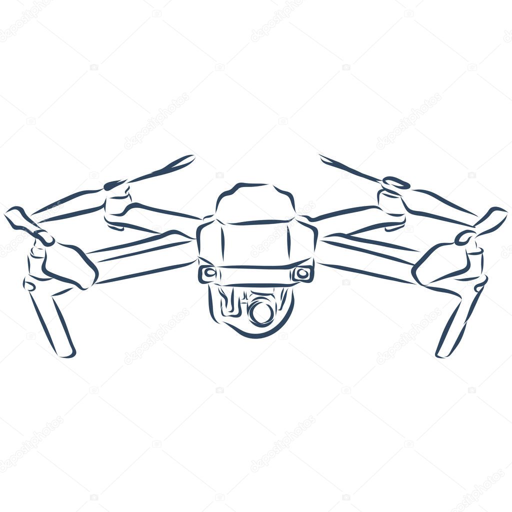 Hand draw vector illustration aerial vehicle, quadrocopter. Air drone hovering. Drone sketch
