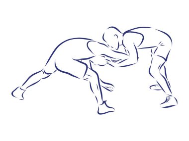 Greko-Romen güreşi. Siyah izole hat. İki güreşçinin kavgası. Aktif pozisyonlardaki atletlerin ana hatları. Spor müsabakası ya da antrenman. Vektör siluetleri.