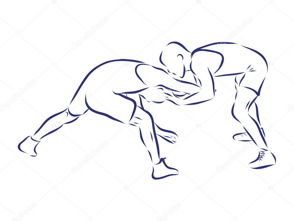Greco-Roman wrestling. Black isolated contour. Fight of two wrestlers. Outlines of athletes in active poses. Sports competition or training. Vector silhouettes.