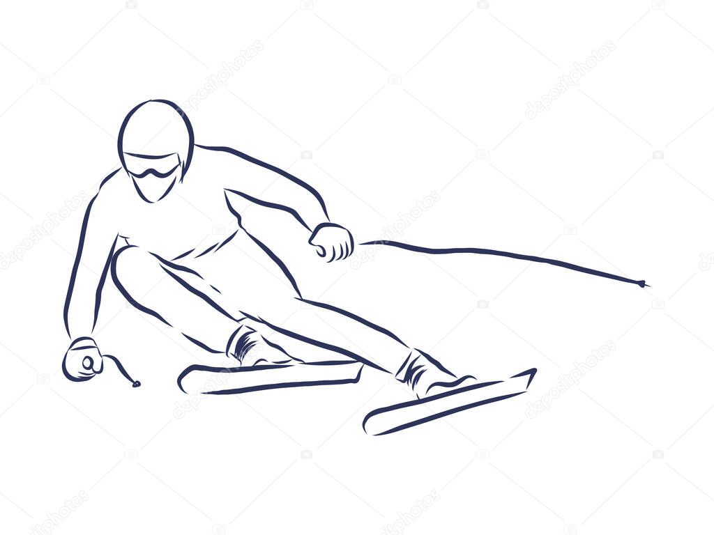 Freehand Drawing of a Jumping Freestyler Skier with Equipment. Realistic Style Sketch. Free Hand Draw. Extreme Winter Sports. Freestyle Ski Jump. Vector Illustration of a Flying Skier Teenager.