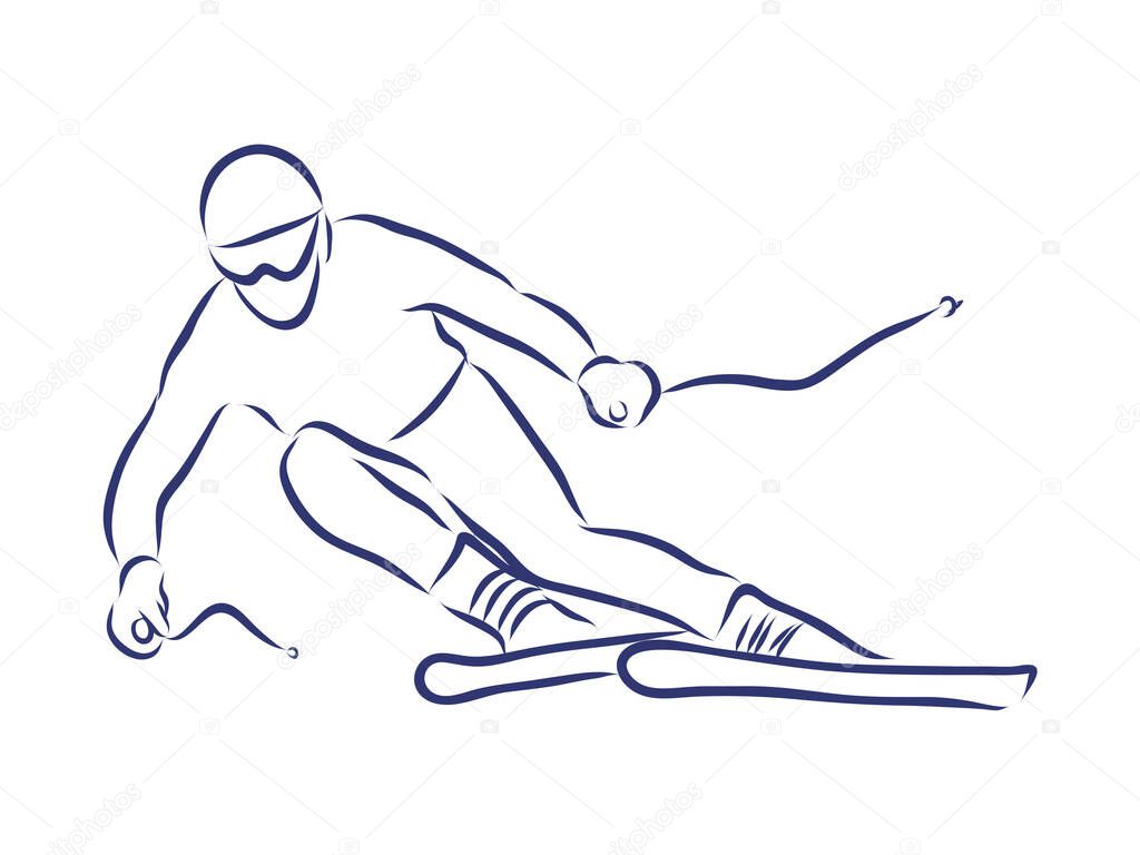 Freehand Drawing of a Jumping Freestyler Skier with Equipment. Realistic Style Sketch. Free Hand Draw. Extreme Winter Sports. Freestyle Ski Jump. Vector Illustration of a Flying Skier Teenager.