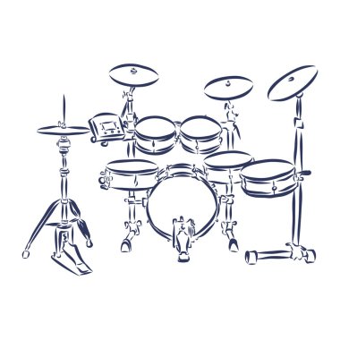 Sketched drum set symbol of modern percussion instrument with bass drum and tom toms in the center of kit, snare and floor drums on both sides, supplemented by crash and hi hat cymbals clipart