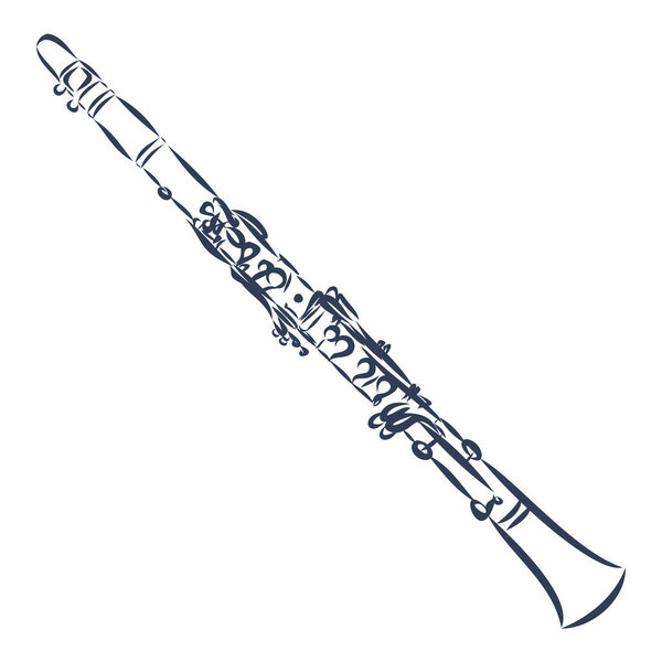 Vector hand drawn illustration of clarinet. Black and white, isolated on white background