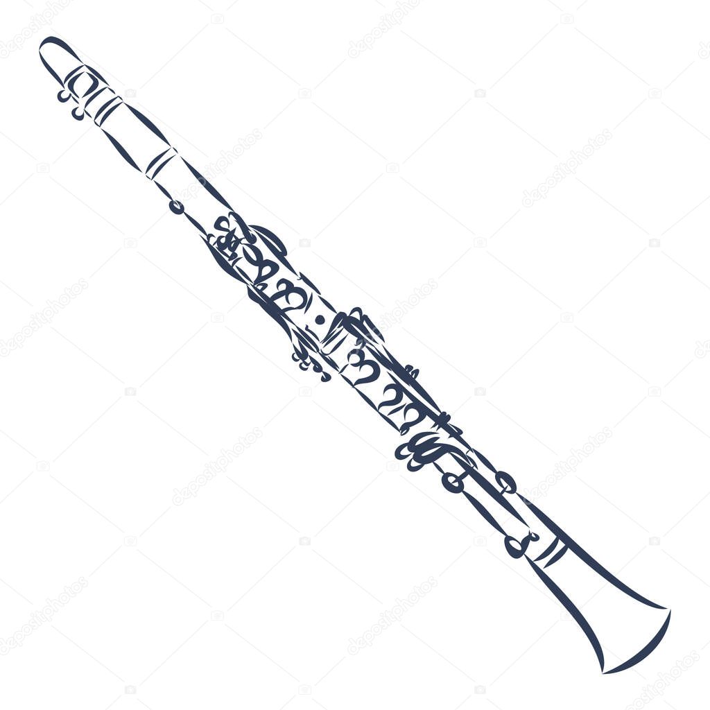 Vector hand drawn illustration of clarinet. Black and white, isolated on white background