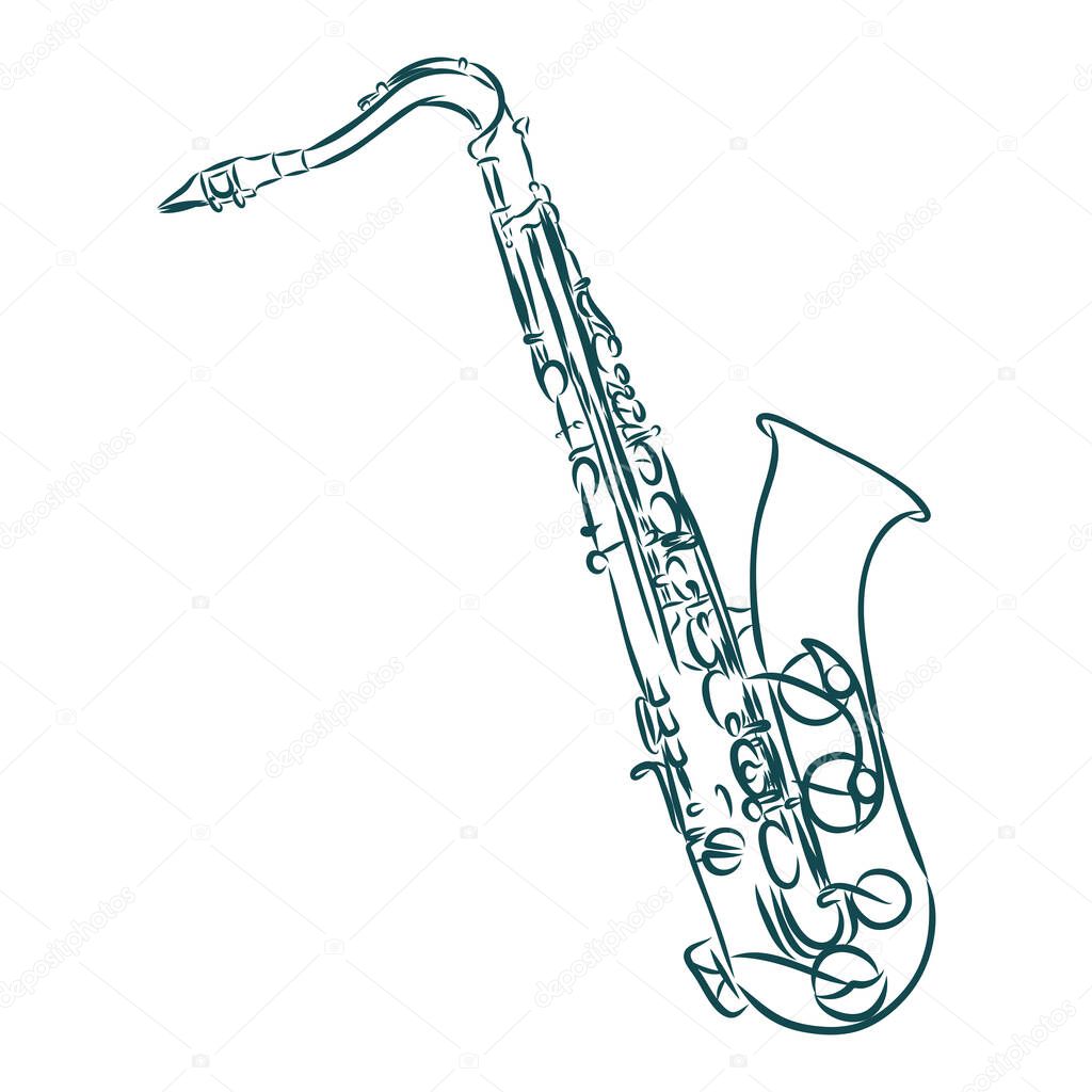 Vector illustration. Hand drawn doodle of classical music wind instrument saxophone. Blues, funk or jazz musical equipment. Cartoon sketch. Isolated on white background