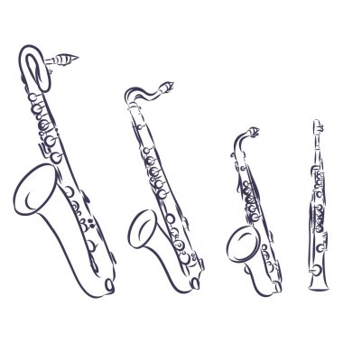 Vektör çizimi. Klasik müzik enstrümanı saksafonun el çizimi karalaması. Blues, funk veya caz müzik ekipmanları. Çizgi film çizimi. Beyaz arkaplanda izole