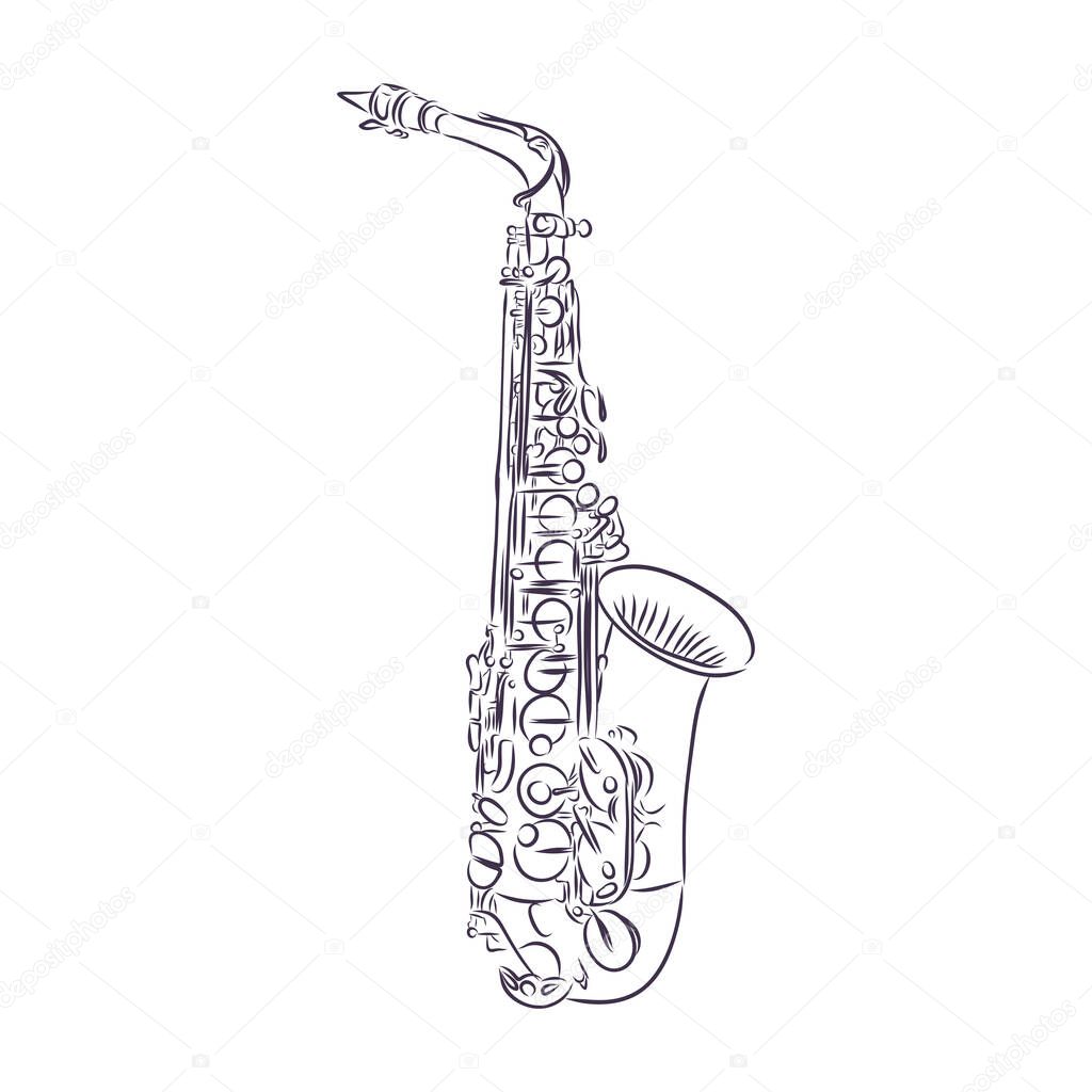 Vector illustration. Hand drawn doodle of classical music wind instrument saxophone. Blues, funk or jazz musical equipment. Cartoon sketch. Isolated on white background