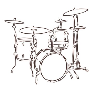 Çağdaş perküsyon enstrümanının çizilmiş davul seti sembolü. Bateri, davul ve davullar her iki tarafta, çarpışma ve yüksek şapka zilleriyle desteklenir.