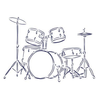 Çağdaş perküsyon enstrümanının çizilmiş davul seti sembolü. Bateri, davul ve davullar her iki tarafta, çarpışma ve yüksek şapka zilleriyle desteklenir.