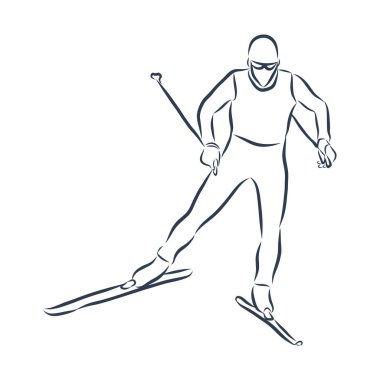 Vektör el çizimi sporu. Konsept çizimine bayılıyorum. Profesyonel kayakçı tepeden aşağı yuvarlanıyor. Mektup. Bayıldım.