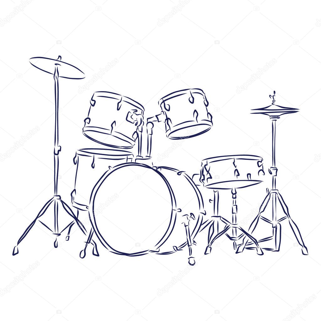 Sketched drum set symbol of modern percussion instrument with bass drum and tom toms in the center of kit, snare and floor drums on both sides, supplemented by crash and hi hat cymbals