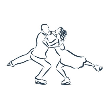 Kış sporu artistik patinajcısı genç çift patencilerin el çizimi. Resimlerin vektör illüstrasyonu