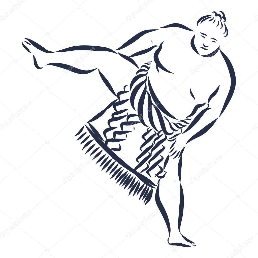 Isolated illustration of sumo wrestler, black and white drawing, white background