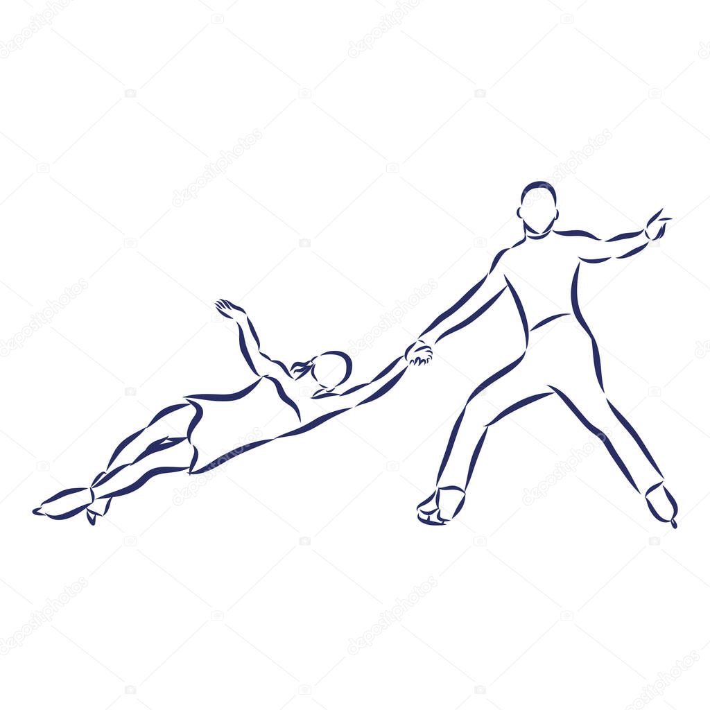 Winter sport Figure skating young couple skaters hand drawn sketch. Vector illustration of paints