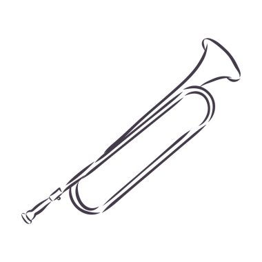 Boynuz. Pirinç boru enstrümanı. Siyah-beyaz vektör çizimi. Ayrı nesne.