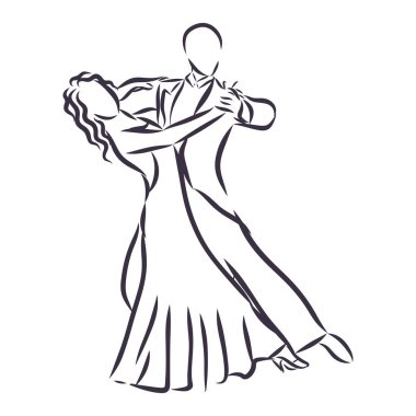 Beyazların üzerinde izole edilmiş dans eden bir çiftin çizimi. Klasik dans işte. Vals. Vektör.
