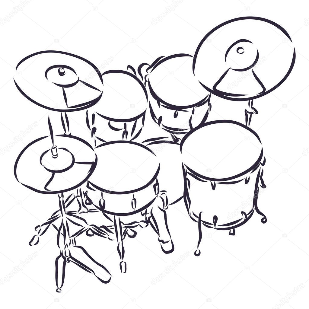 Stock vector realistic illustration of a drum kit eps with snare drum bass in cartoon and sketch style