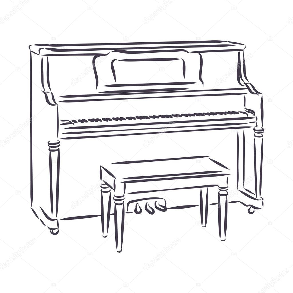 Vector illustration of piano musical instrument in black and white doodle sketch