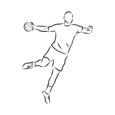 Hentbol oynayan bir adamın resmi. siyah beyaz çizim, beyaz arkaplan