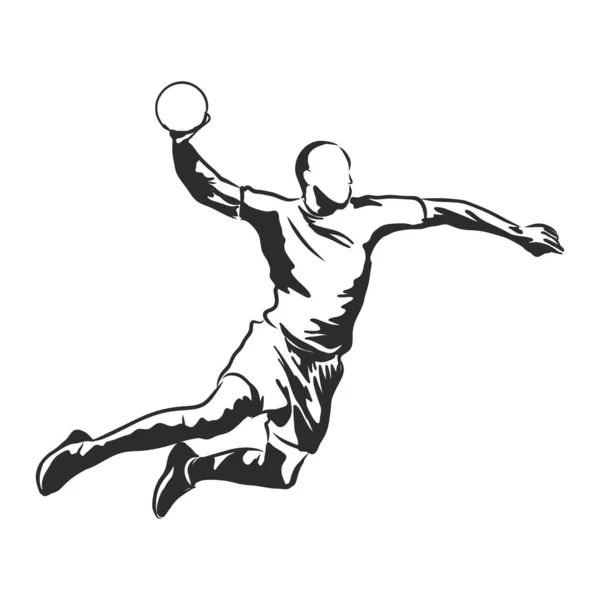 Ilustracja Człowieka Grającego Piłkę Ręczną Czarny Biały Rysunek Białe Tło — Wektor stockowy