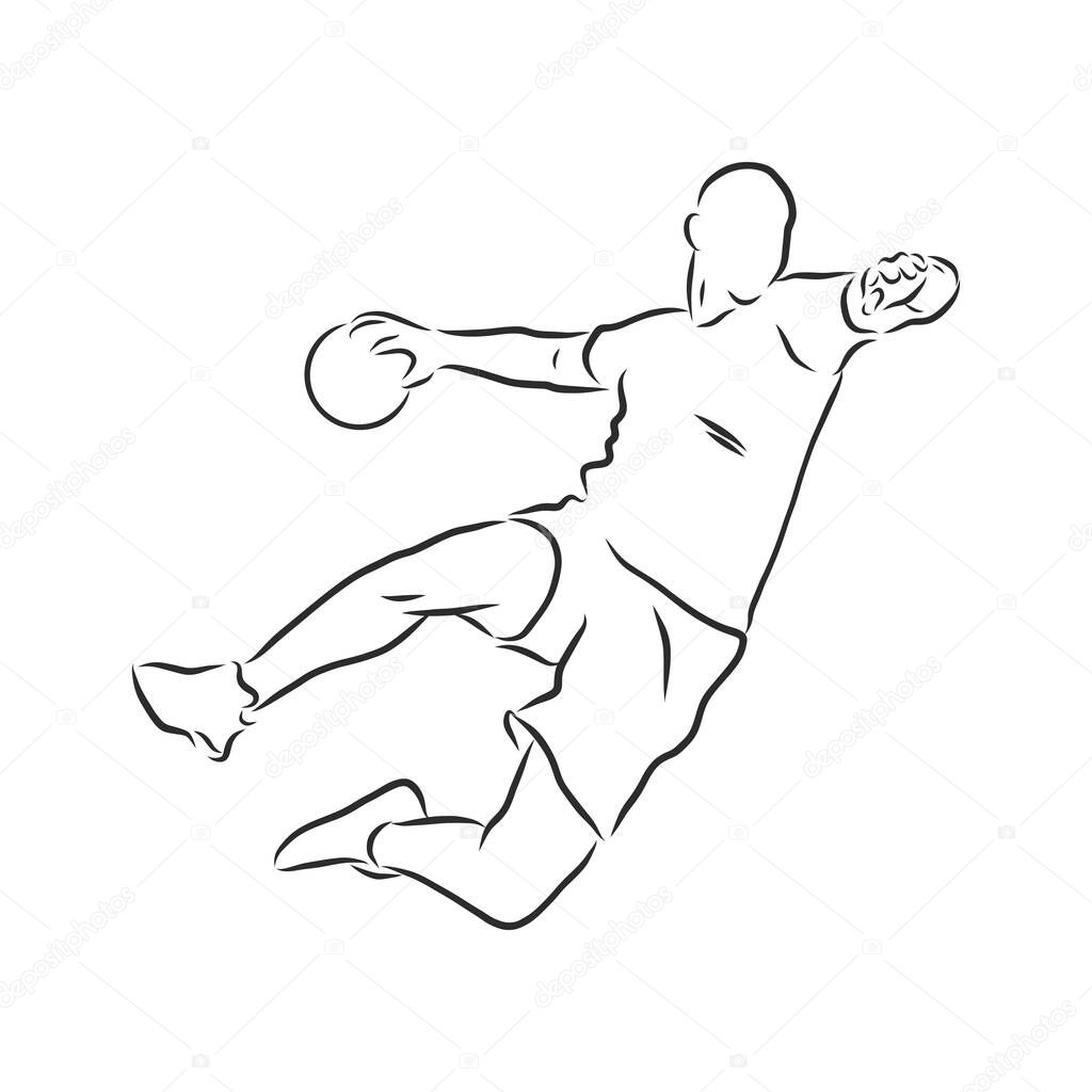 illustration of man playing handball . black and white drawing, white background