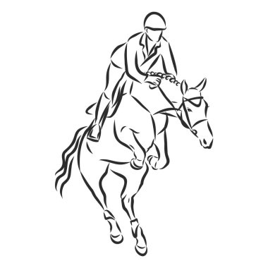 Atlayan at, beyaz arkaplanda izole edilmiş siyah beyaz resim, vektör illüstrasyonu