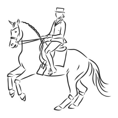 A sketch of a dressage rider on a horse executing the half pass. clipart