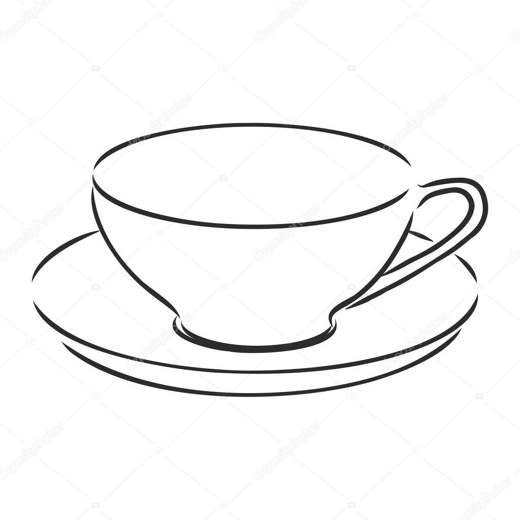 Vector cup with a saucer in black lineart.Social media illustration on white isolated background hand drawn.Design for web,baners, stickers,wrapping paper,wallpaper,packaging and postcards.