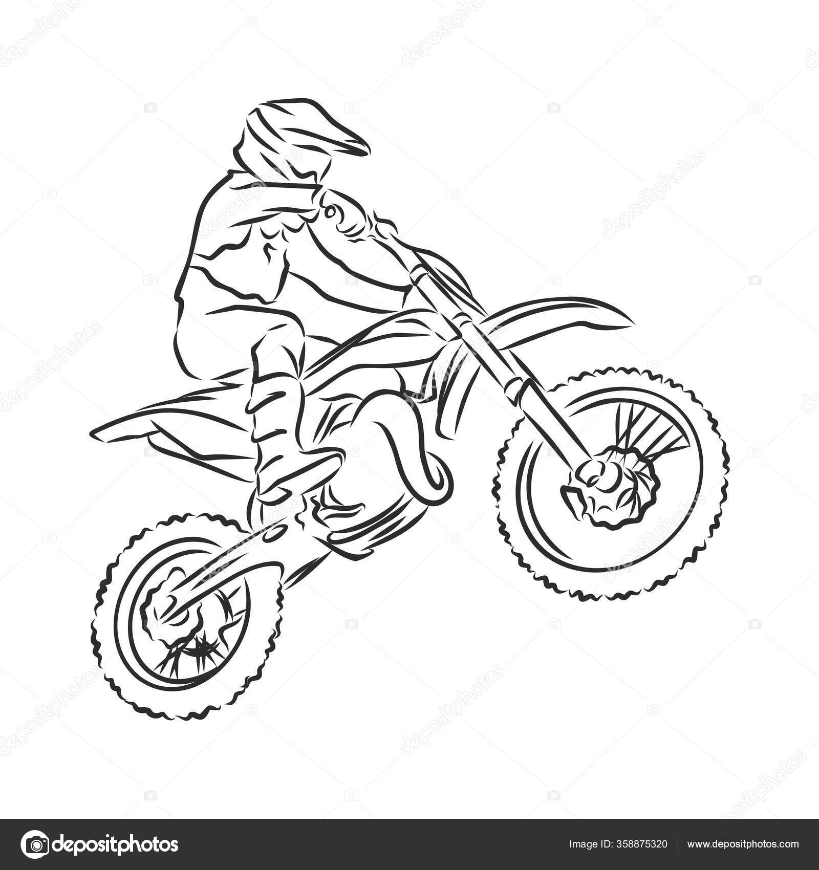 Desenho de motociclista em uma motocicleta, ilustração vetorial de contorno