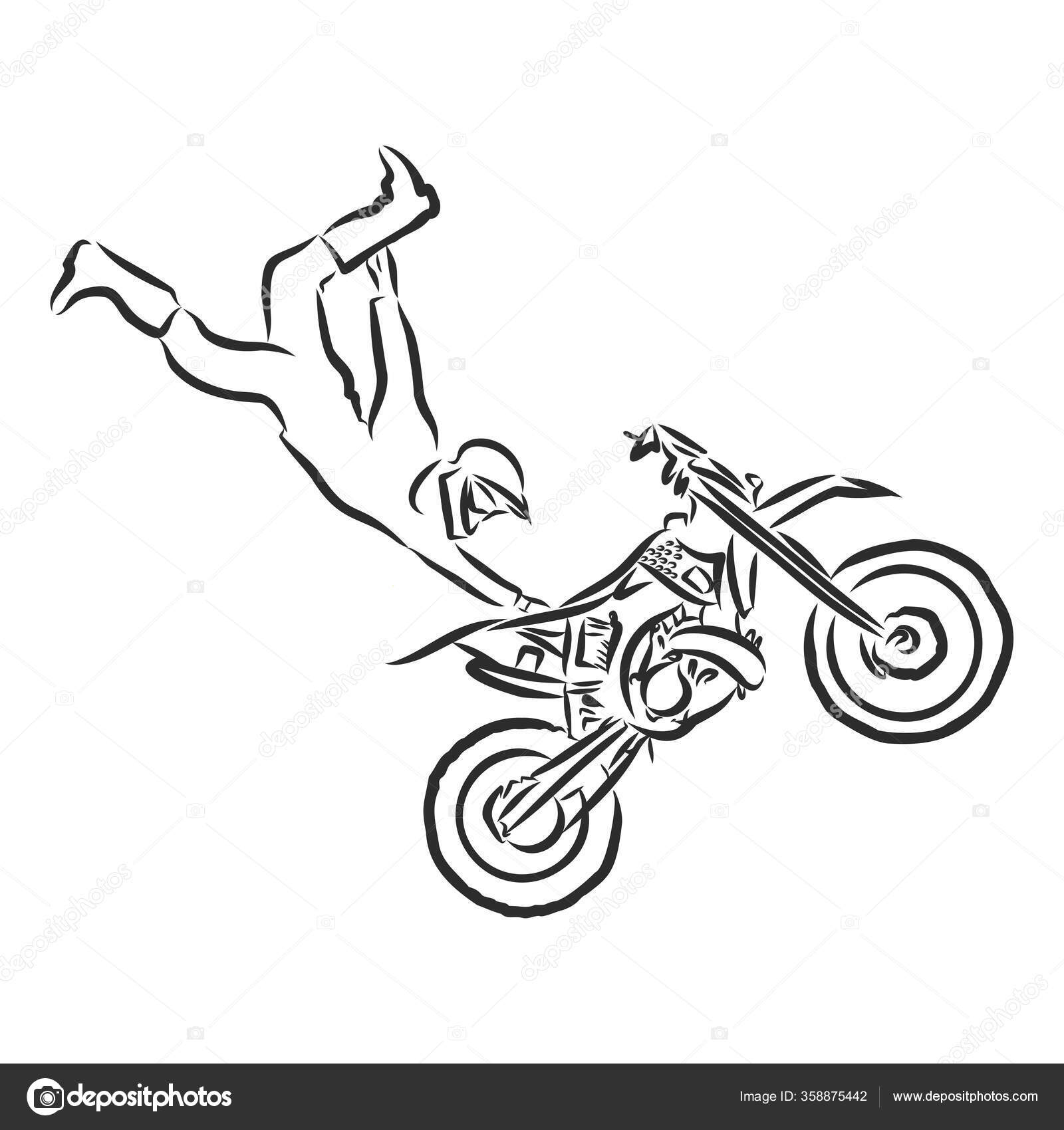 Desenho de motociclista em uma motocicleta, ilustração vetorial de contorno