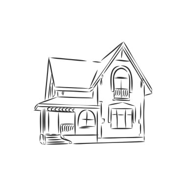 Ev mimarisinin çizimi. Serbest el vektörü çizimi. Evin dış perspektifinin taslak çizimi..