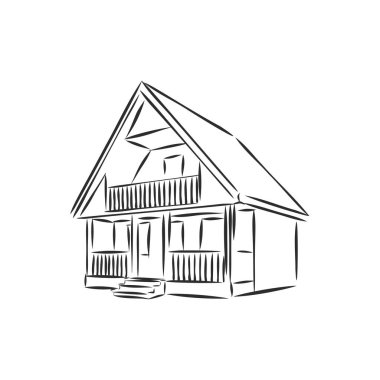 Ev mimarisinin çizimi. Serbest el vektörü çizimi. Evin dış perspektifinin taslak çizimi..