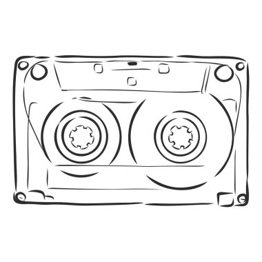 Vektör çizimi. Retro ses kasetinin el çizimi karalaması. Stereo müzik dinlemek ve kaydetmek için analog ortam. Eski moda kaset kaset. Çizgi film çizimi. Beyaz arkaplanda izole