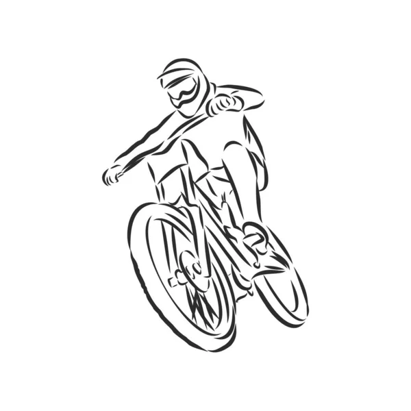 Mountainbiker Mountainbike Skiss Kontur Vektor Illustration — Stock vektor