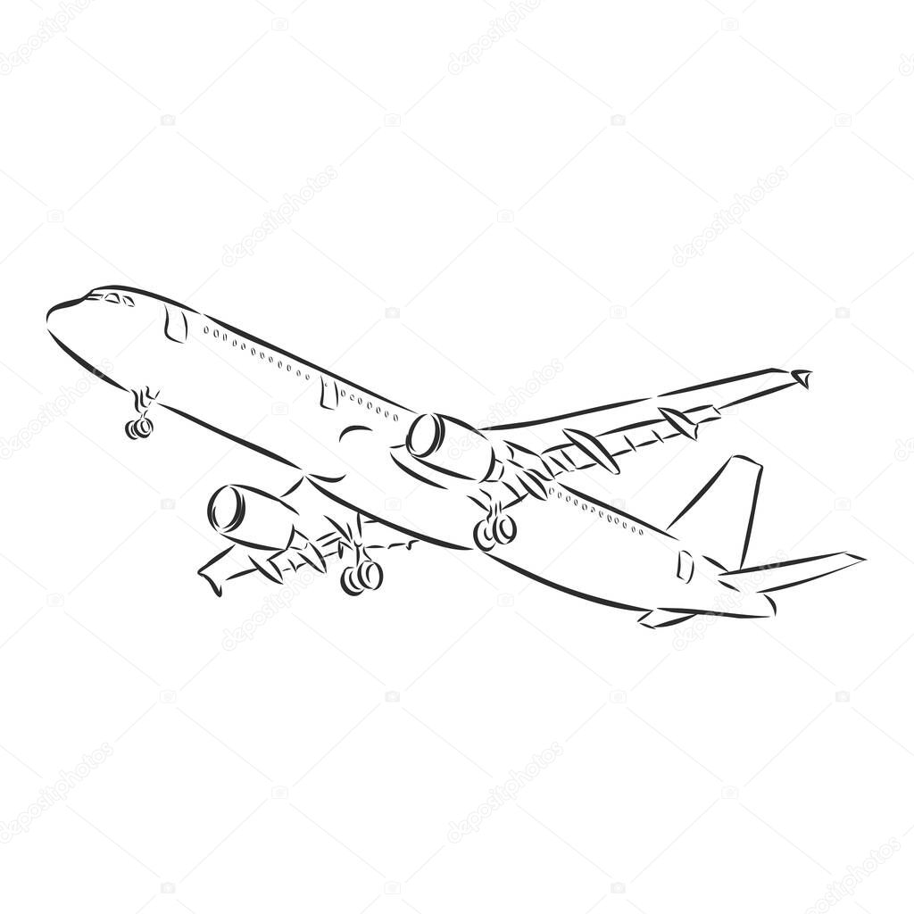 Soaring aerial airship vehicle machine arrival for landing to airport. Vector freehand ink hand drawn linear backdrop icon sketchy in art scribble style pen on paper. Bottom view with space for text