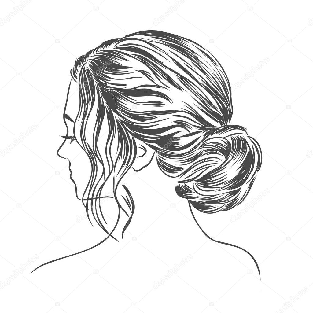 Woman with stylish classic bun with perfect eyebrow shaped and full. Illustration of business hairstyle with natural long hair. Hand-drawn idea for greeting card, poster, flyers, web, print for t-shir