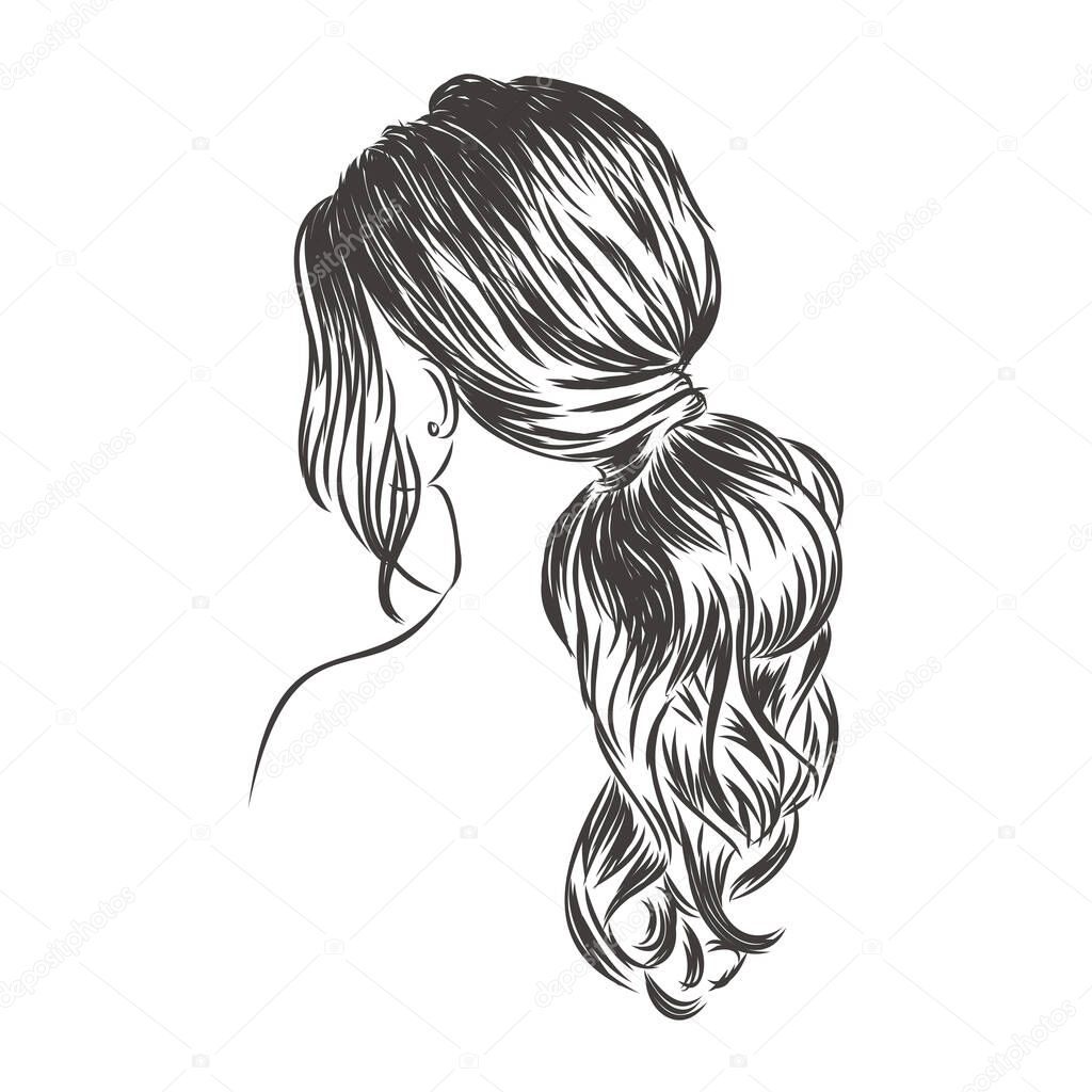 Woman with stylish classic bun with perfect eyebrow shaped and full. Illustration of business hairstyle with natural long hair. Hand-drawn idea for greeting card, poster, flyers, web, print for t-shir