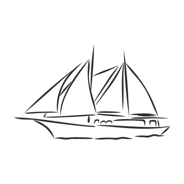 Navio Vela Barco Oceano Estilo Linha Tinta Iate Desenhado Mão — Vetor de Stock