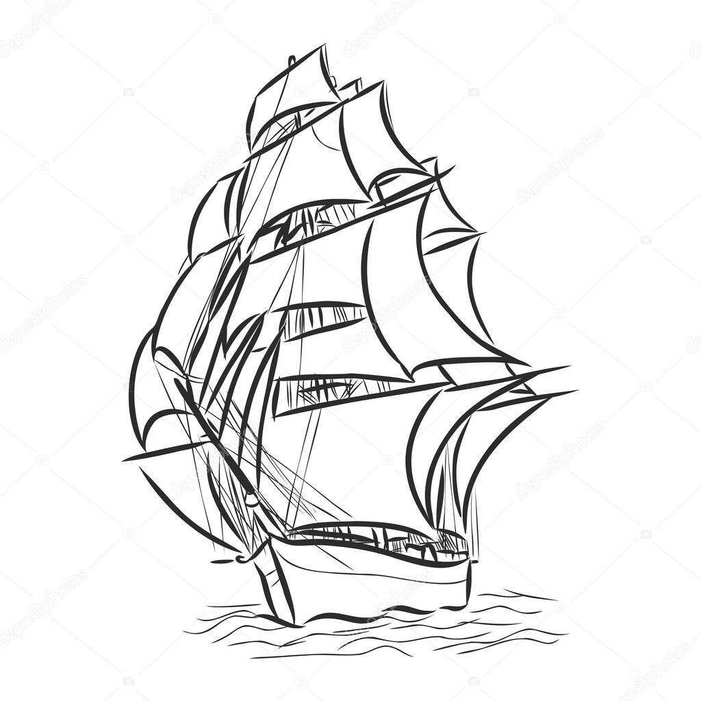 Sailing ship or boat in the ocean in ink line style. Hand sketched yacht. Marine theme design.