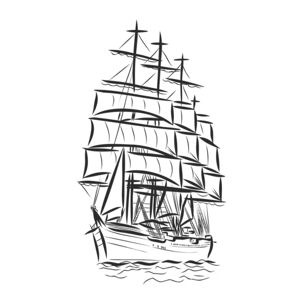 Voilier Bateau Voile Dans Océan Encre Yacht Dessiné Main Conception — Image vectorielle