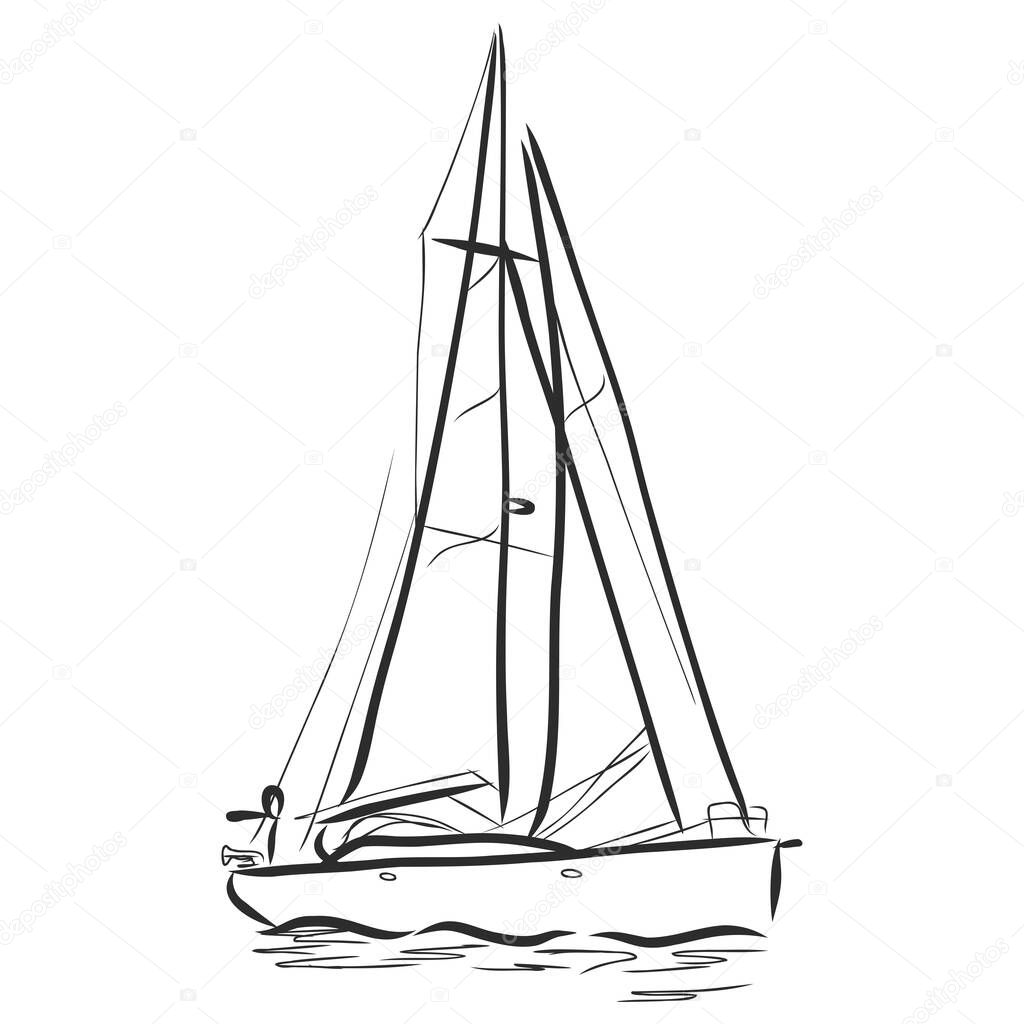 Sailing ship or boat in the ocean in ink line style. Hand sketched yacht. Marine theme design.